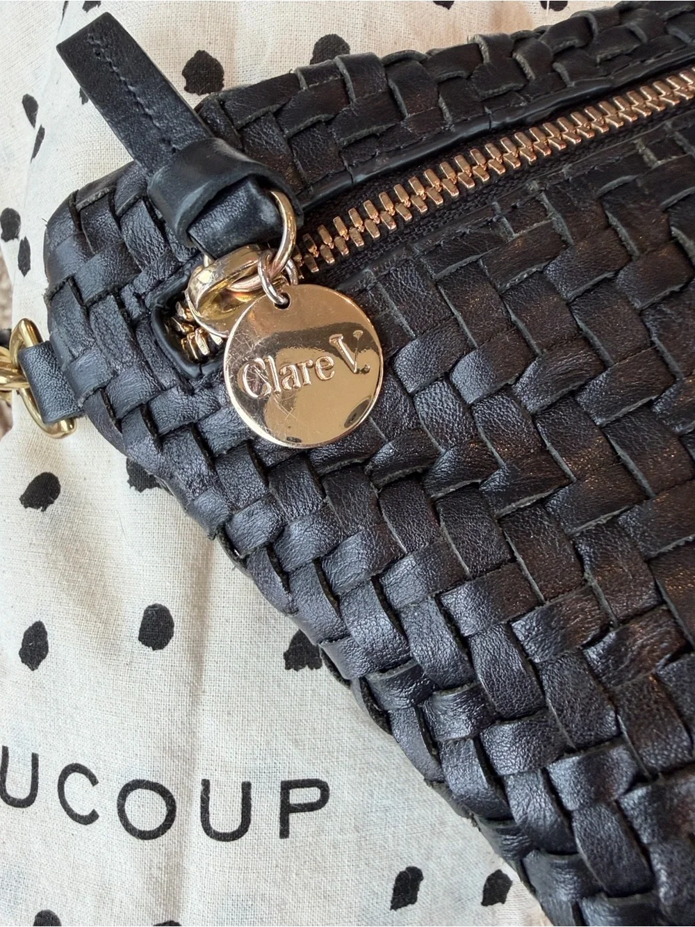 Clare V Black Woven Leather Crossbody Bag with Gold Hardware